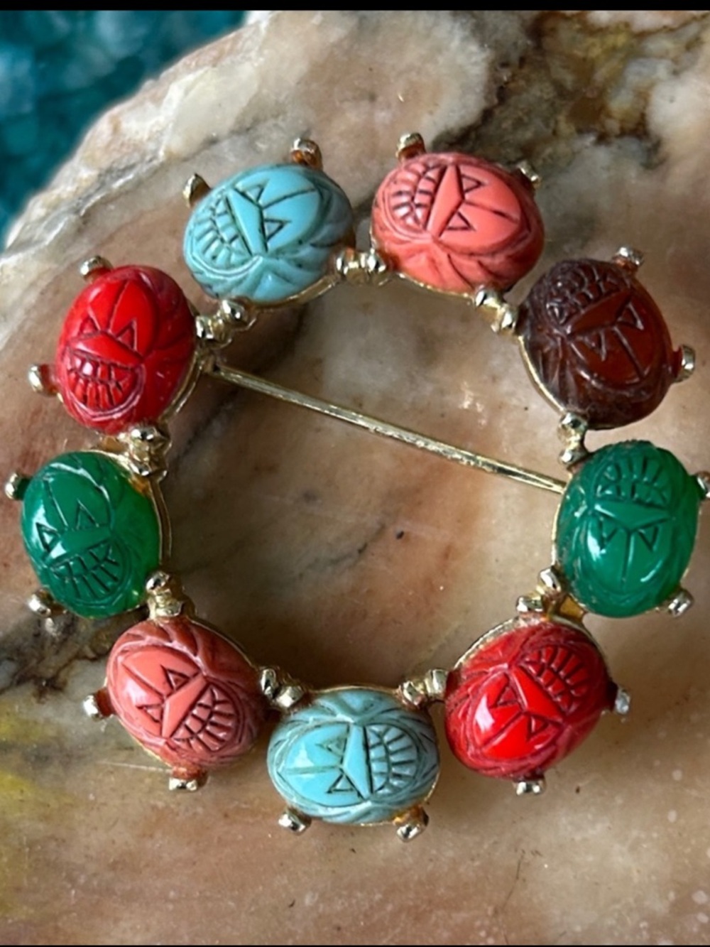 Vintage 1950s Egyptian Revival Carved Stone Scarab Wreath Brooch